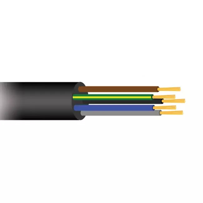 Soepele zwarte rubberkabel 5 x 1,5 voor buiten, rol 50 meter