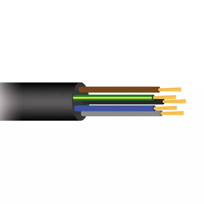 Soepele zwarte rubberkabel 5 x 1,5 voor buiten, rol 50 meter