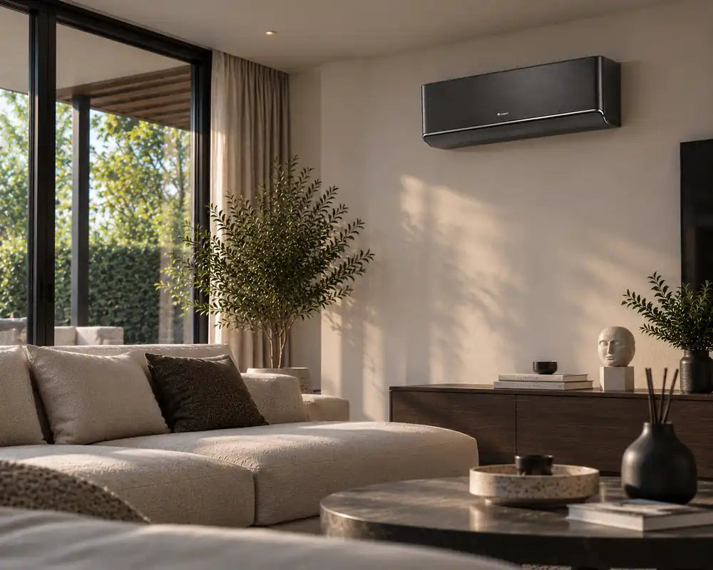 Woonkamer met een zwarte wandmodel airco
